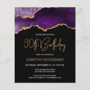 Budget Paars Gold Agate 90th Birthday Invitation
