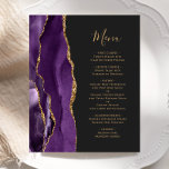 Budget Paars Gold Agate Dark WeddenMenu<br><div class="desc">De linkerrand van dit elegante moderne trouwmenu is voorzien van een paarse waterverf aan de rand van de afgrond,  die met faux goudglitter is bedekt. De aanpasbare tekst combineert goudkleurig handschrift en copperplate doopvonten op een off-black achtergrond. De achterzijde is voorzien van een passend paars en goudvormig ontwerp.</div>