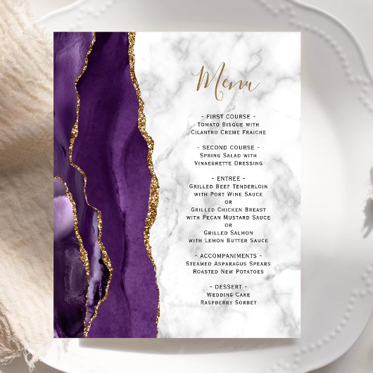 Budget Paars Gold Agate Marble Wedding Menu