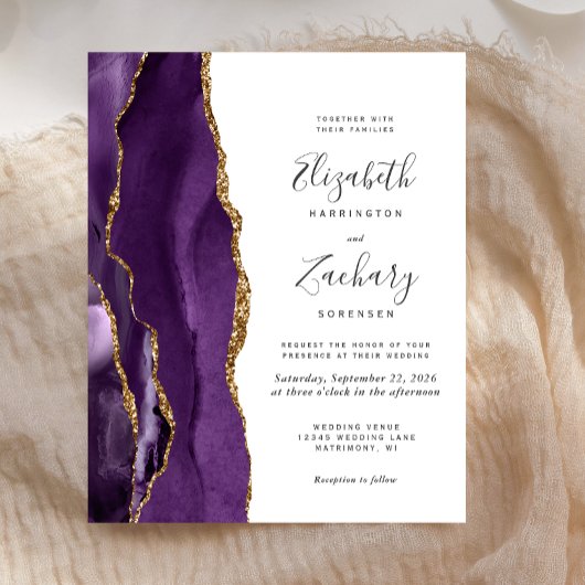 Budget Paars Gold Agate Modern Wedding Invitation
