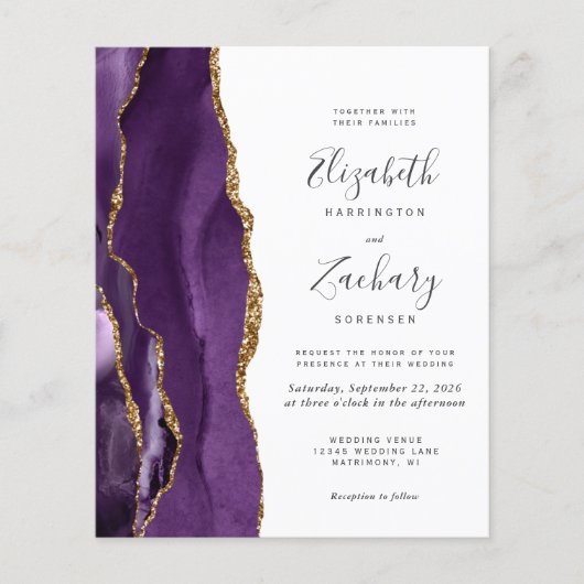 Budget Paars Gold Agate Modern Wedding Invitation (Voorkant)