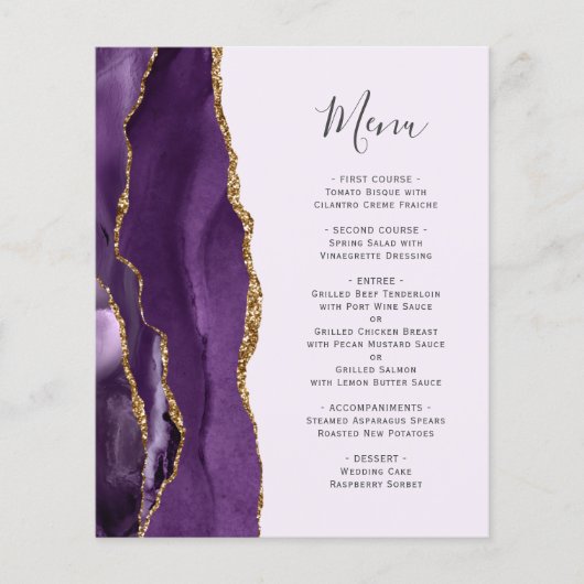 Budget Paars Gold Agate Wedding Menu (Voorkant)