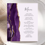 Budget Paars Gold Agate Wedding Menu<br><div class="desc">De linkerrand van dit elegante moderne trouwmenu is voorzien van een paarse waterverf aan de rand van de afgrond, die met faux goudglitter is bedekt. De aanpasbare tekst combineert het handschrift van de houtskool grijs en copperplate doopvonten op een bleke paarse achtergrond. De achterzijde is voorzien van een passend paars...</div>