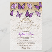 Budget Paars Gold Butterfly Sweet 16 Uitnodiging (Voorkant)