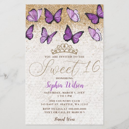 Budget Paars Gold Butterfly Sweet 16 Uitnodiging (Voorkant)