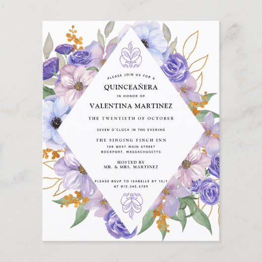 Budget Paars Gold Floral Quinceanera Uitnodiging Flyer (Voorkant)