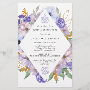 Budget Paars Gold Floral Sweet Sixteen Uitnodiging