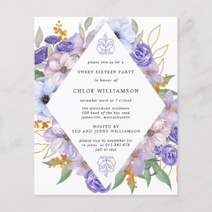Budget Paars Gold Floral Sweet Sixteen Uitnodiging Flyer