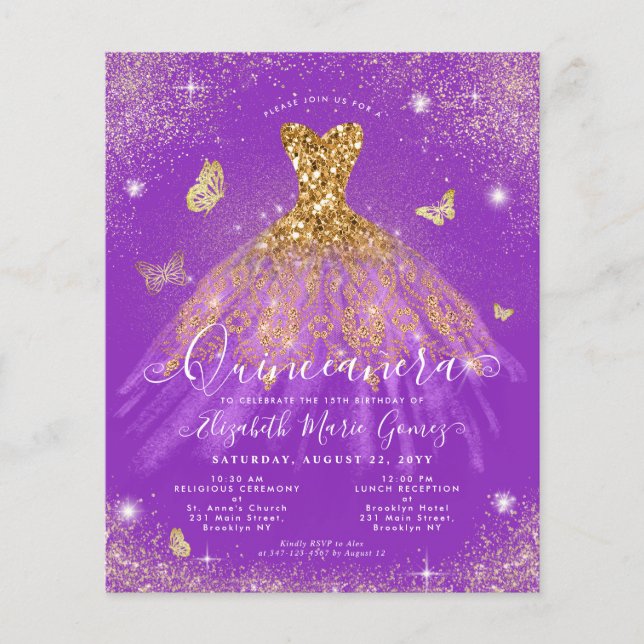 Budget Paars Gold Glitter Gown Quinceanera Invite (Voorkant)