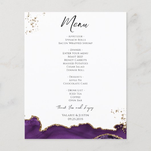 Budget Paars Gold Marble Wedding Menu Flyer (Voorkant)