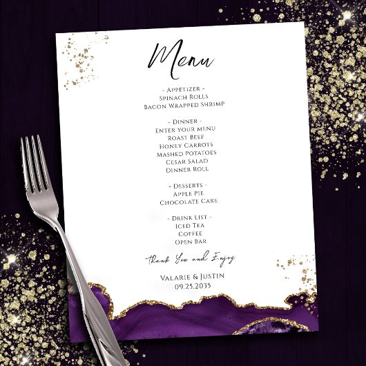 Budget Paars Gold Marble Wedding Menu Flyer