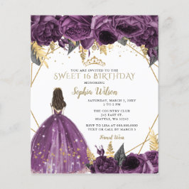 Budget Paars Gold Princess Sweet 16 Uitnodiging