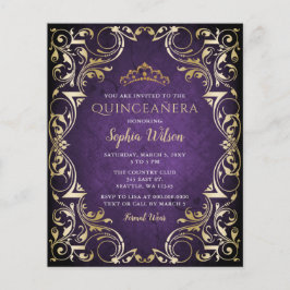 Budget Paars Gold Tiara Quinceañera Uitnodiging