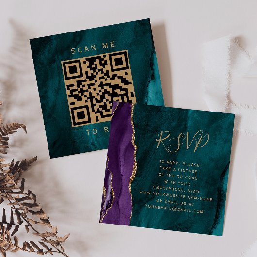 Budget Paars Goud Teal Agate Trouw QR Code RSVP Informatiekaartje