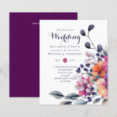 BUDGET Paars Oranje Floral Wedding Invite (Voorkant / Achterkant)