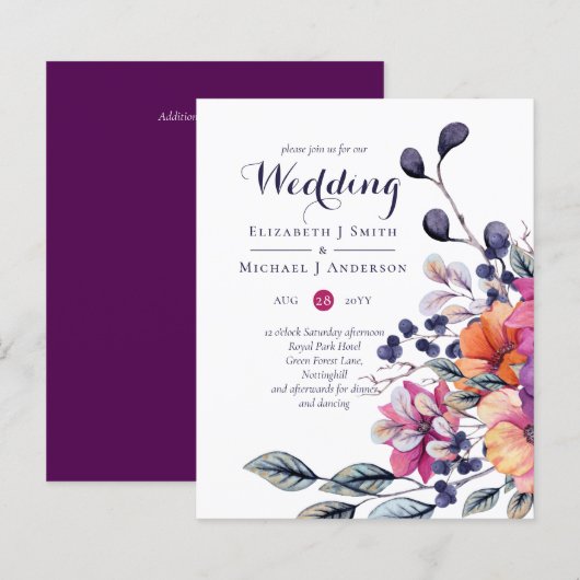 BUDGET Paars Oranje Floral Wedding Invite (Voorkant / Achterkant)