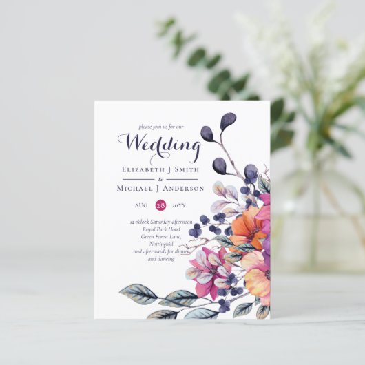 BUDGET Paars Oranje Floral Wedding Invite (Staand voorkant)