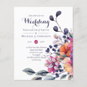 BUDGET Paars Oranje Floral Wedding Invite (Voorkant)
