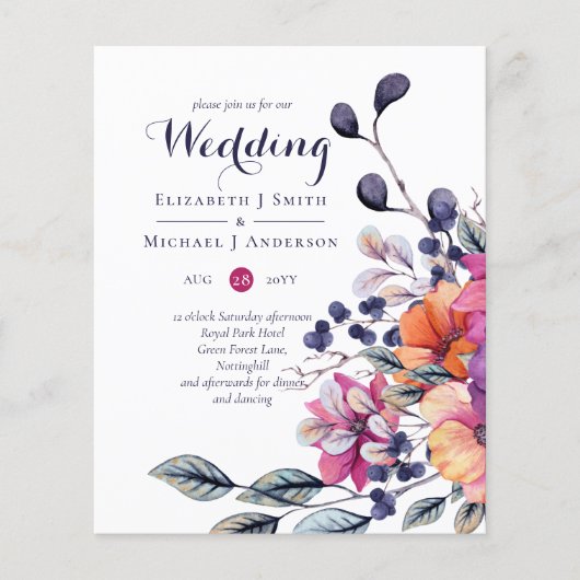 BUDGET Paars Oranje Floral Wedding Invite (Voorkant)