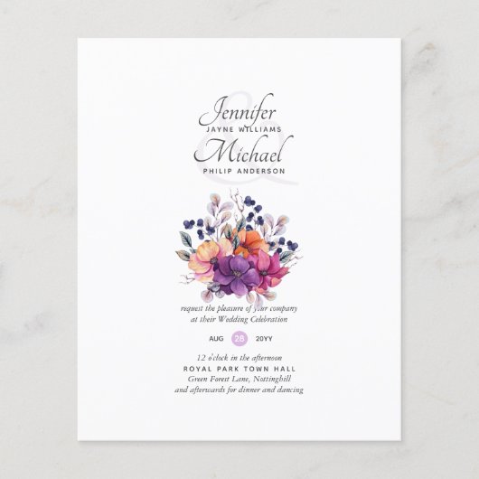 BUDGET Paars Oranje Floral Wedding Invite Flyer (Voorkant)