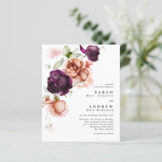 Budget Paars & Peach Flowers Weddenschap (Staand voorkant)