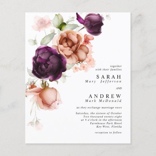 Budget Paars & Peach Flowers Weddenschap (Voorkant)