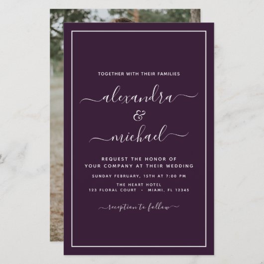 Budget Paars Plum Weddenschap met Foto Uitnodiging (Voorkant / Achterkant)