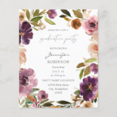 Budget Paars & Roze Floral Graduation Party Flyer (Voorkant)