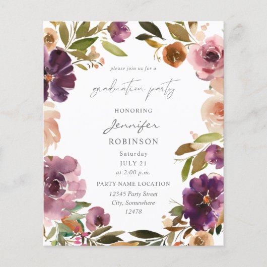 Budget Paars & Roze Floral Graduation Party Flyer (Voorkant)