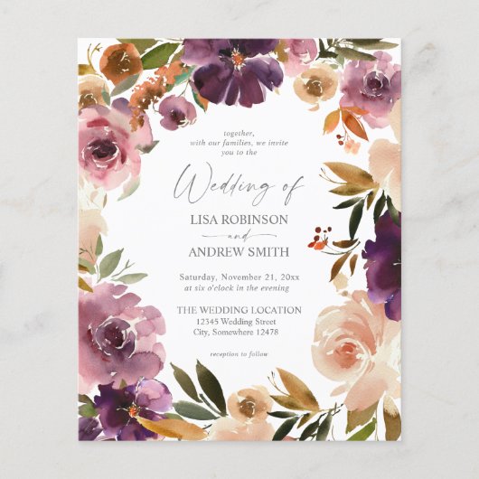 Budget Paars & Roze Roze Bloemen Bruiloft Flyer (Voorkant)