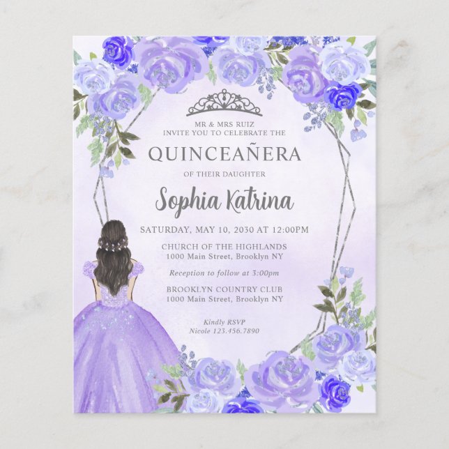 Budget Paars Silver Floral Princess Quinceañera (Voorkant)