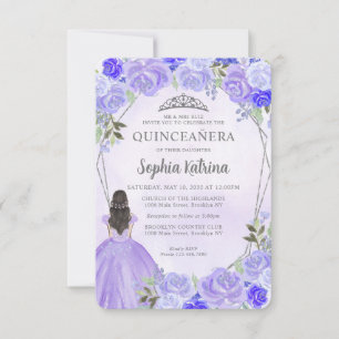 Budget Paars Silver Floral Princess Quinceañera Notitiekaartje