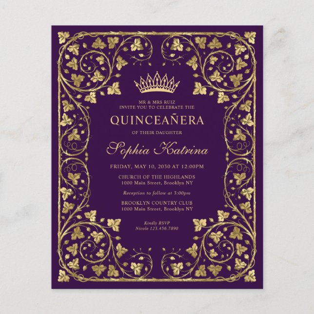 Budget Paars Violet Floral Gold Tiara Quinceanera (Voorkant)