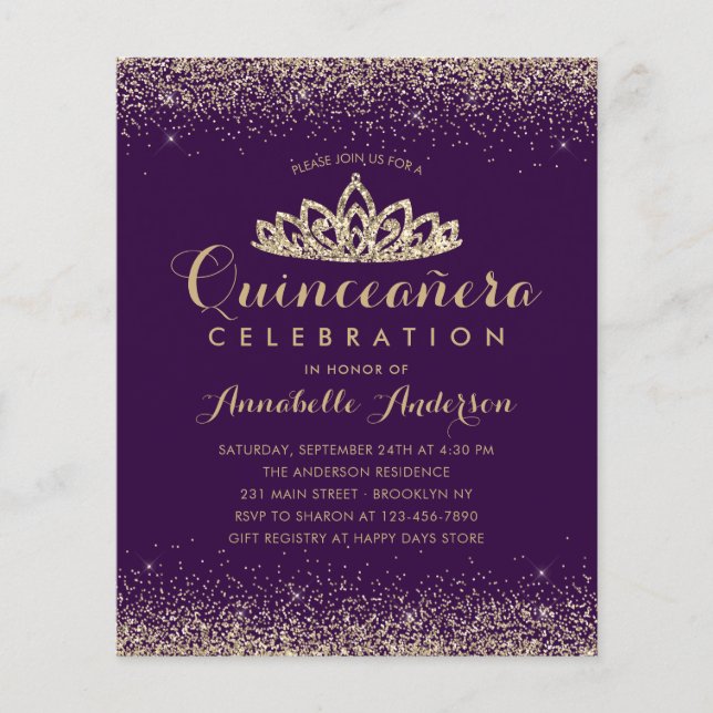 Budget Paars Violet Gold Quinceañera Tiara Invite (Voorkant)