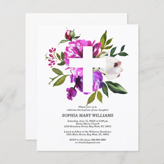Budget Paars & White Cross Baptism Uitnodiging (Voorkant / Achterkant)