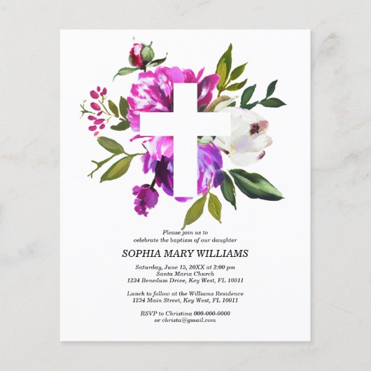 Budget Paars & White Cross Baptism Uitnodiging (Voorkant)