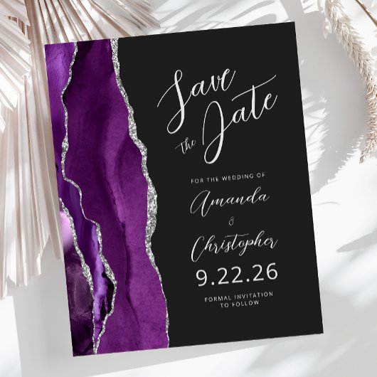Budget Paars Zilver Agate Script Save the Date