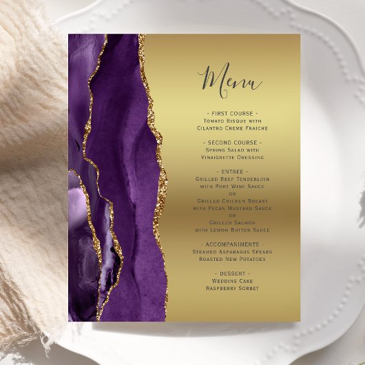 Budget Paarse Agaat Glam Gold Folie Wedding Menu