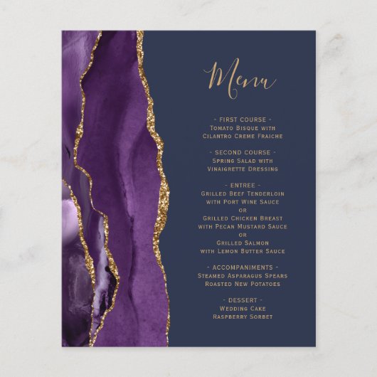 Budget Paarse Agaat Navy Blue Wedding Menu (Voorkant)