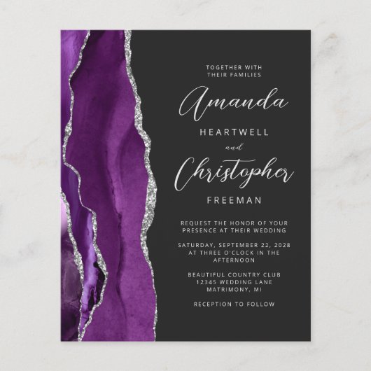 Budget Paarse Agaat Silver Dark Wedding Invitation (Voorkant)