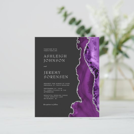 Budget Paarse Agate Silver Wedding Uitnodiging (Staand voorkant)