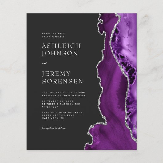 Budget Paarse Agate Silver Wedding Uitnodiging (Voorkant)