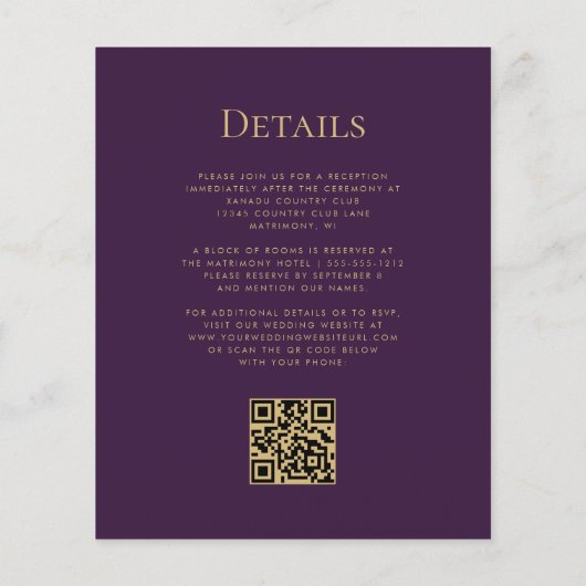 Budget Paarse Blauw Bloemen Goud QR Code Huwelijk (Achterkant)