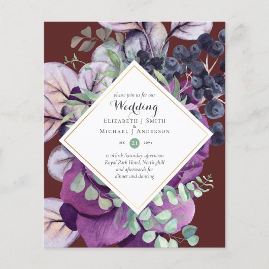 BUDGET Paarse Blauwe Bloemige Trouw Uitnodigingen (Voorkant)