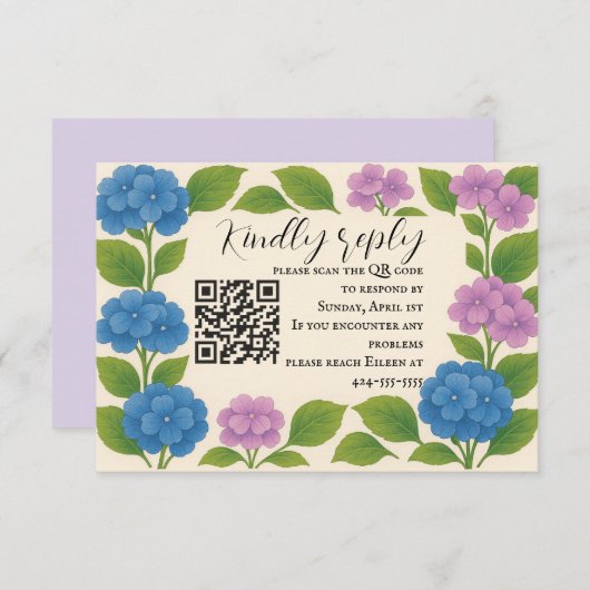 Budget Paarse/Blauwe Hortensia QR Code RSVP Kaart (Voorkant / Achterkant)