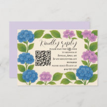 Budget Paarse/Blauwe Hortensia QR Code RSVP Kaart