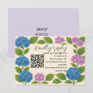 Budget Paarse/Blauwe Hortensia QR Code RSVP Kaart