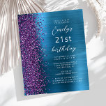 Budget Paarse Blauwgroen Glam 21st Verjaardagsuitn<br><div class="desc">De linkerkant van deze moderne uitnodiging voor een verjaardagsfeestje heeft een paarse faux glitter rand. De aanpasbare tekst combineert wit script en schreefloze lettertypen op een blauwgroen blauwe faux geborstelde metalen achtergrond. De achterzijde heeft een bijpassend ontwerp.</div>