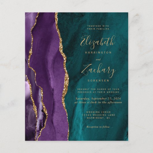 Budget Paarse Blauwgroen Gold Agate Wedding (Voorkant)