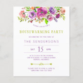 Budget paarse bloem huis verwarming feest uitnodig (Voorkant)